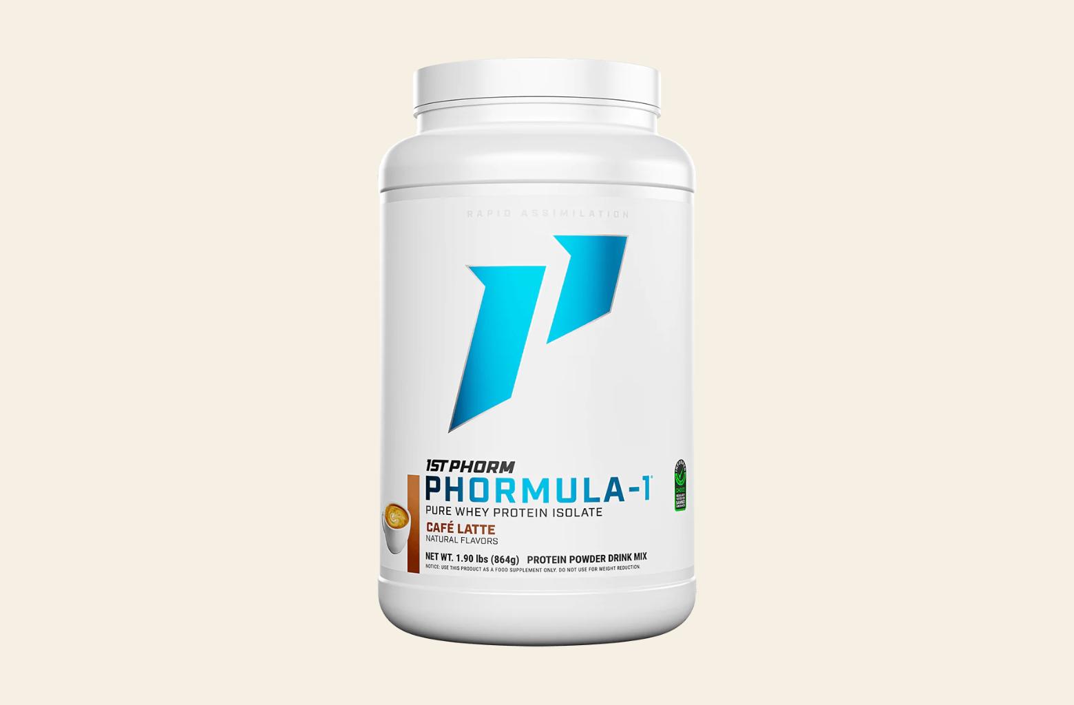 A white cylindrical container of 1st Phorm Phormula-1 pure whey protein isolate